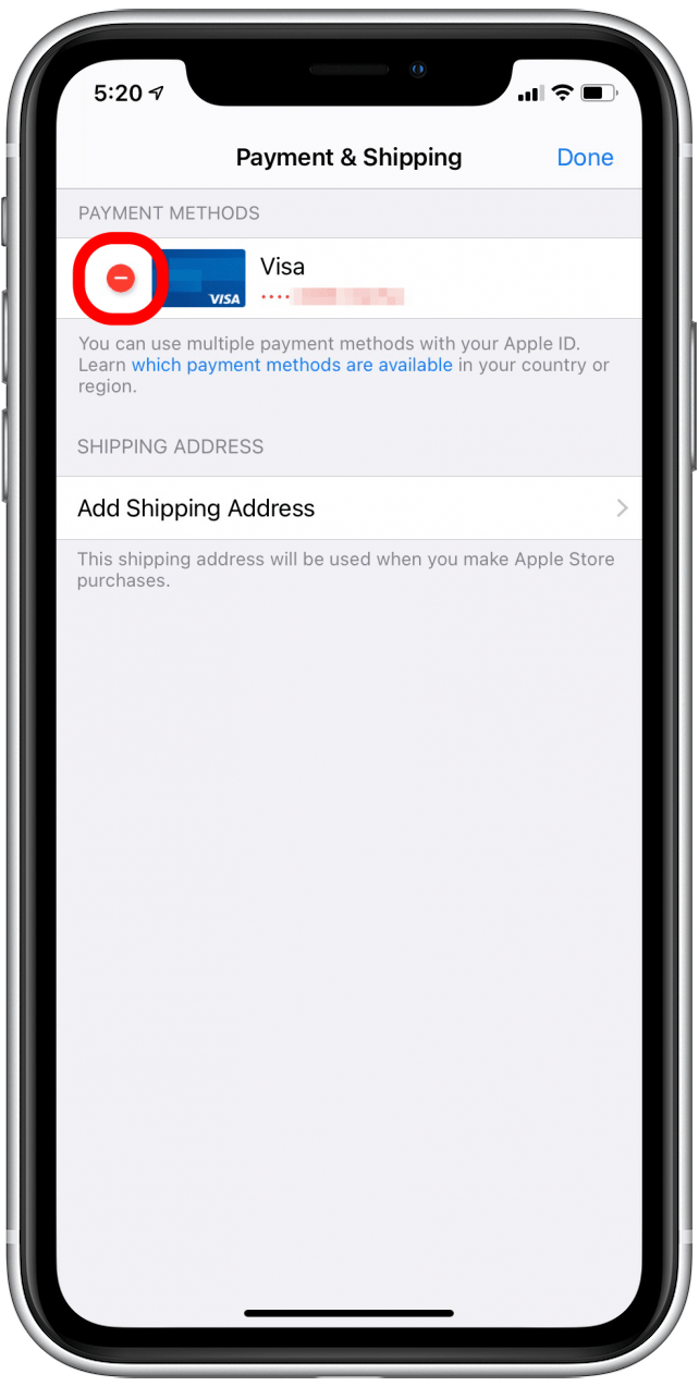Tap the red minus icon to delete a payment method