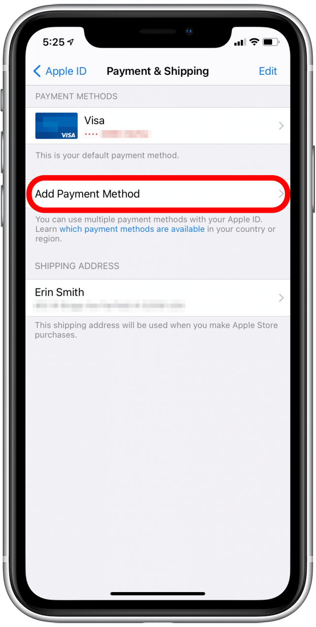Tap Add Payment Method to add a new Apple ID payment method