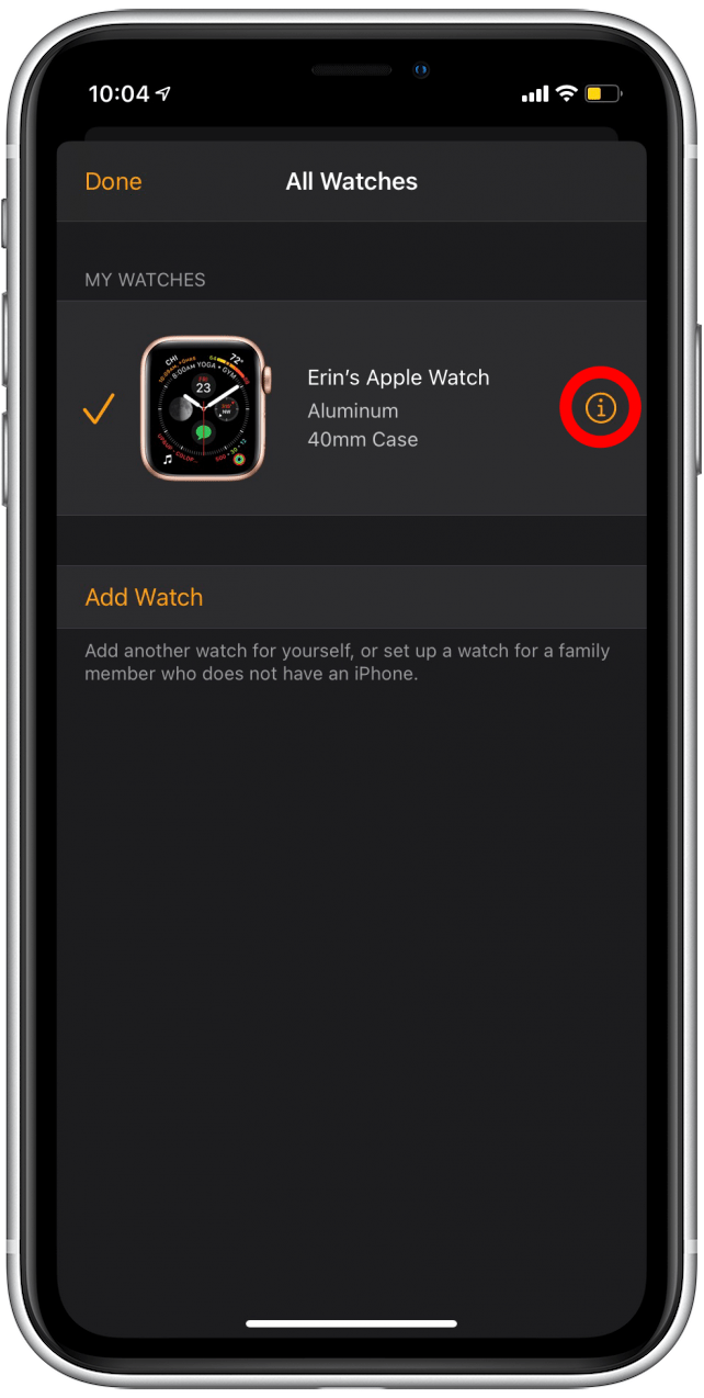 Tap on the info icon next to the watch you want to unpair