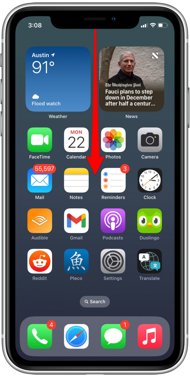 swipe down from top of screen