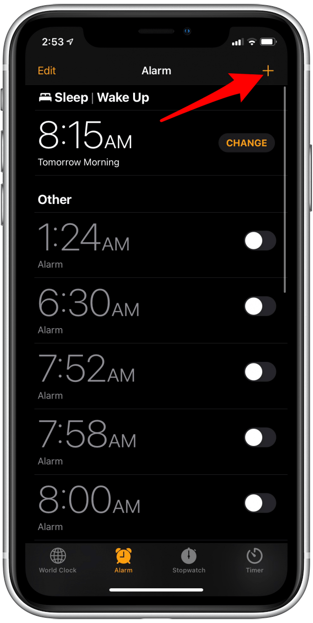 Tap the plus icon to add an alarm