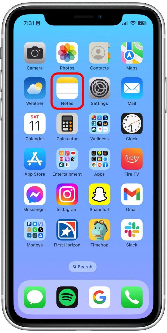 On your iPhone, open Notes.