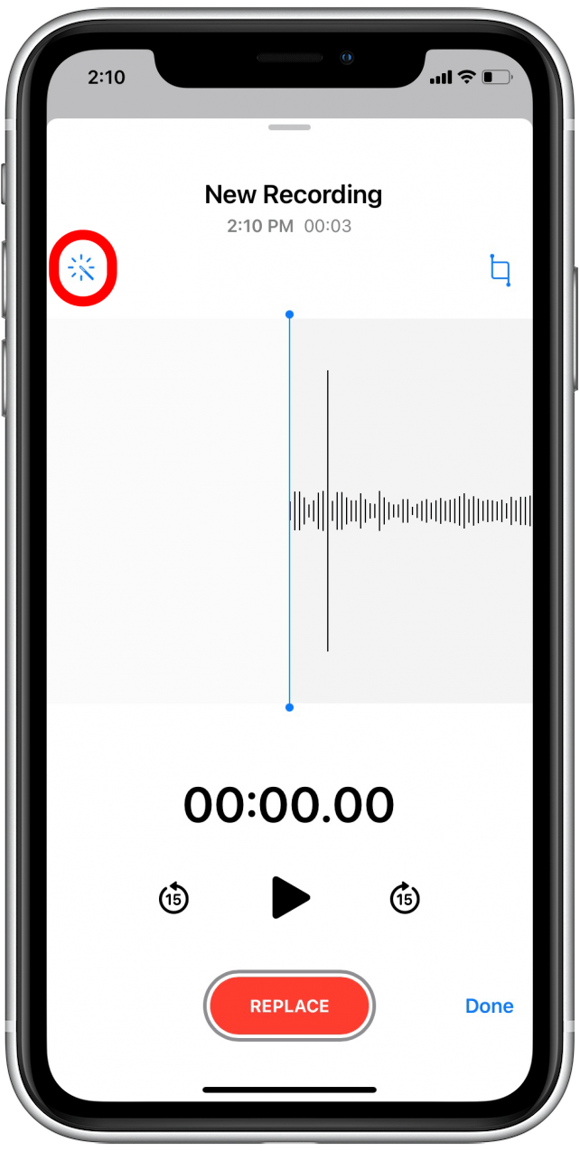 Tap on the magic wand icon to enhance recording for this voice memo
