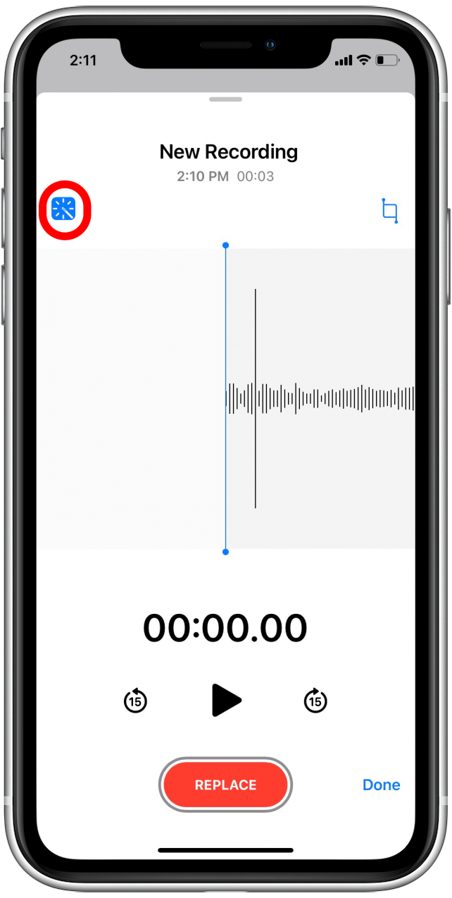 Tap on the blue-highlighted magic wand icon to turn off enhance recording for this voice memo
