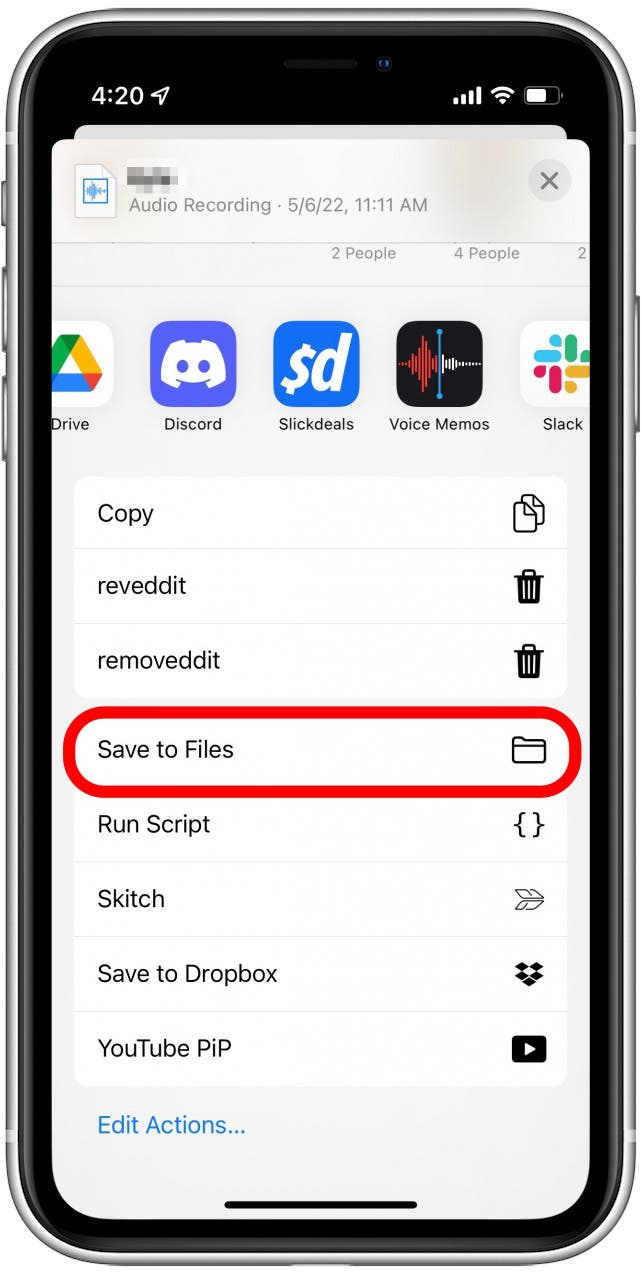 From the Share Sheet, scroll down and tap Save to Files.