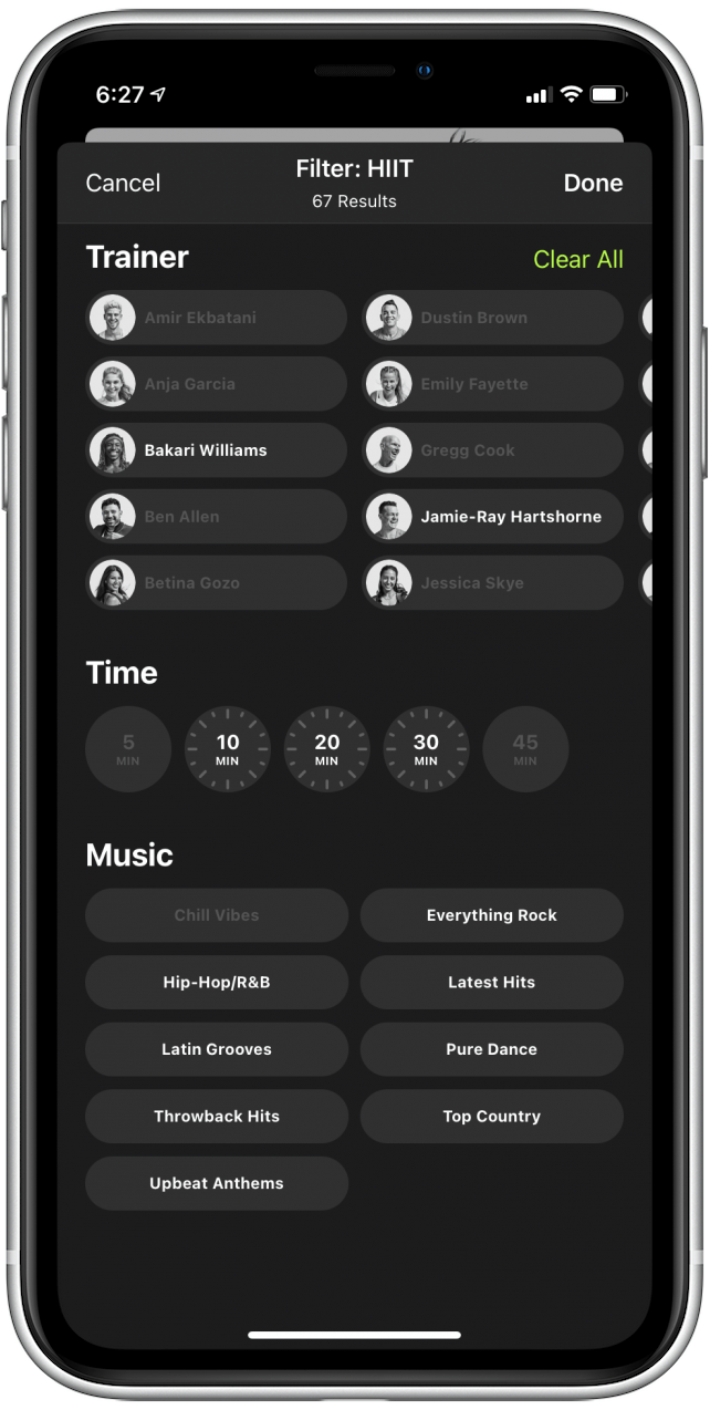 Music, trainer, and time filters or Apple Fitness Plus workouts