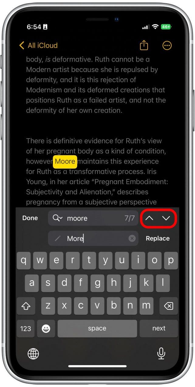 You can navigate through the highlighted words by tapping the up or down arrows on the right.