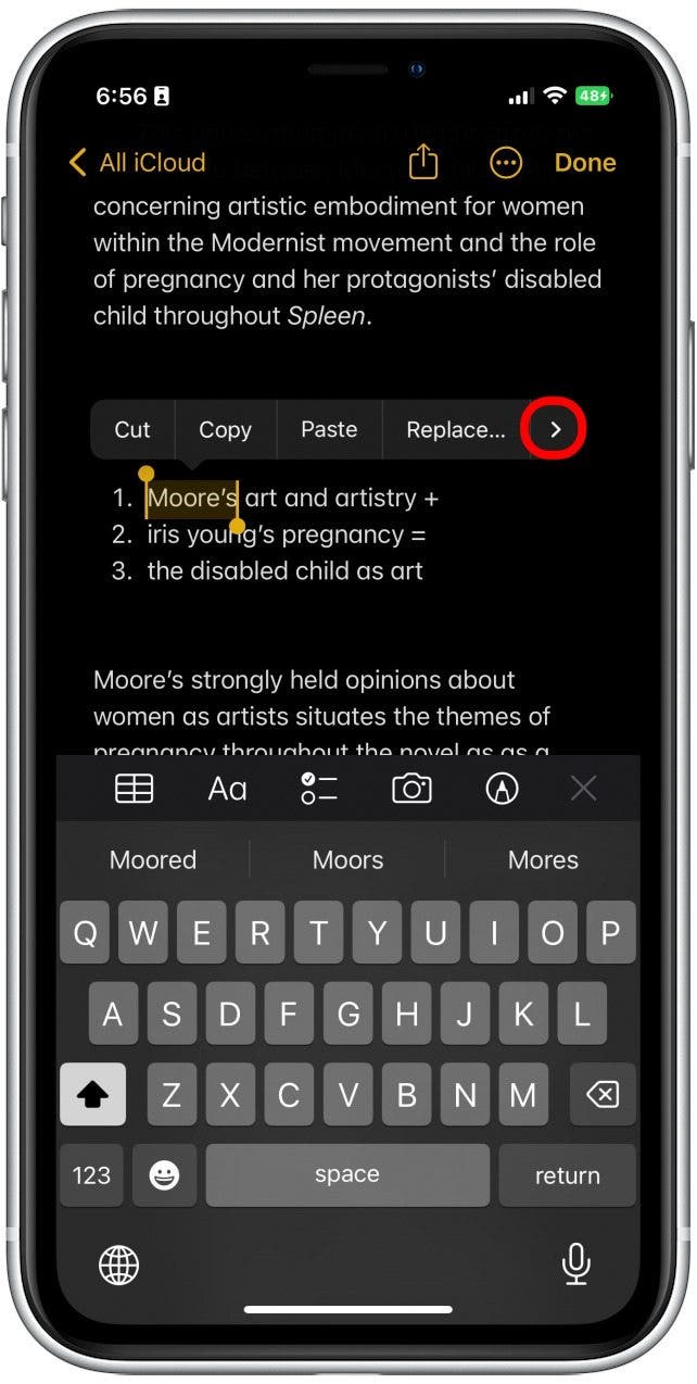 Tap the right arrow when the menu pops up.