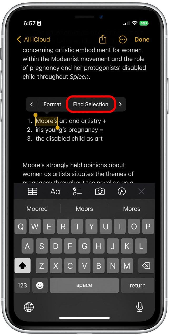 Tap Find Selection to highlight all other versions of that word or phrase in the note.