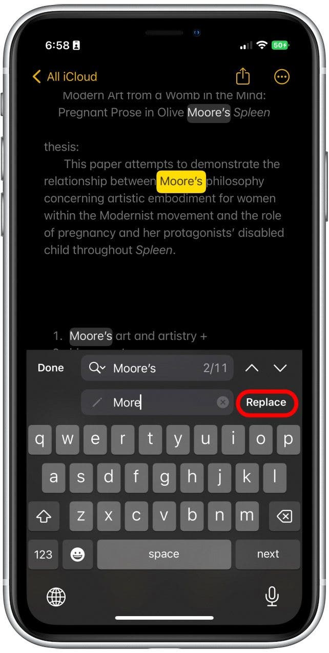 Tap Replace to replace the phrases one by one.