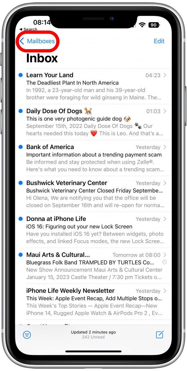 Open the Mail app and navigate to Mailboxes.