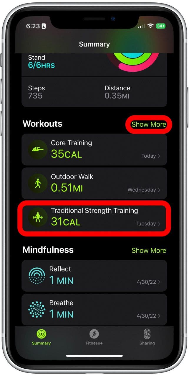 Choose a workout in which you'd like to view your heart rate data or tap Show More to view more workouts. 