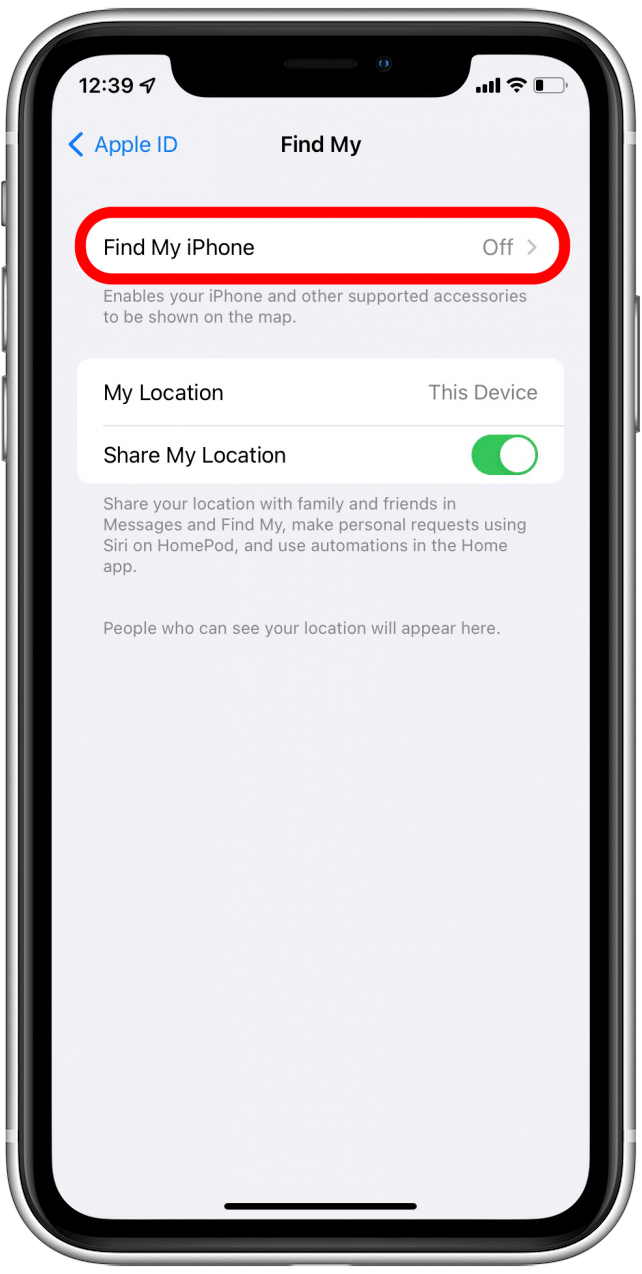 Tap Find My iPhone