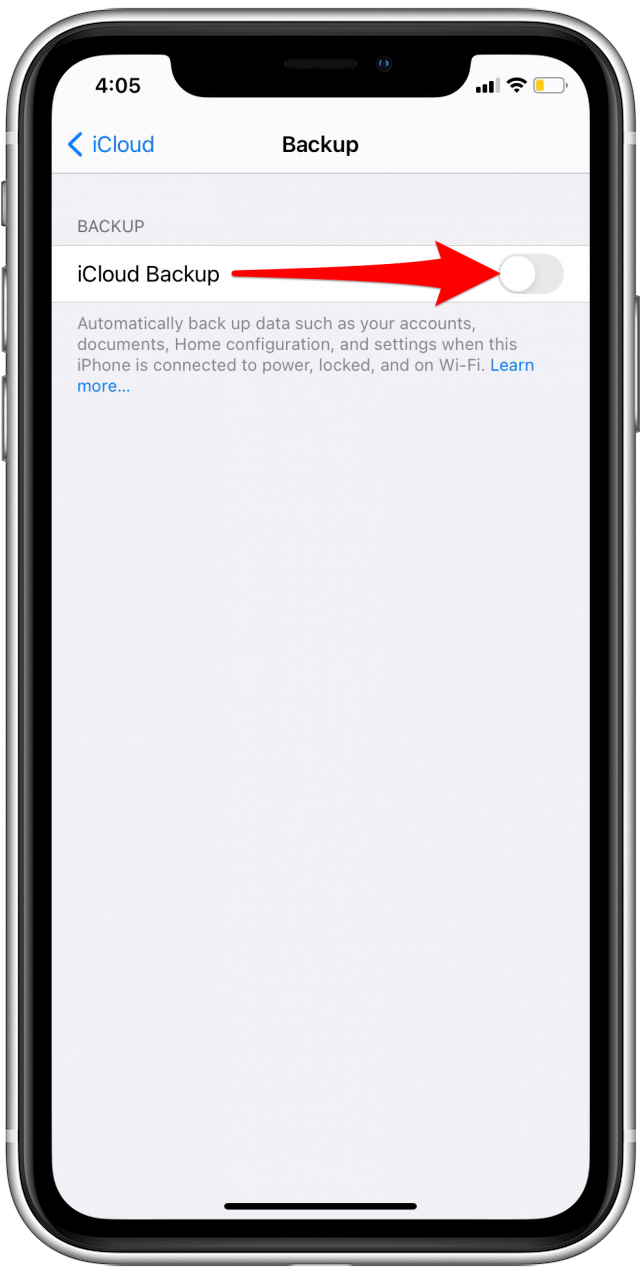 Tap the toggle to enable iCloud Backup