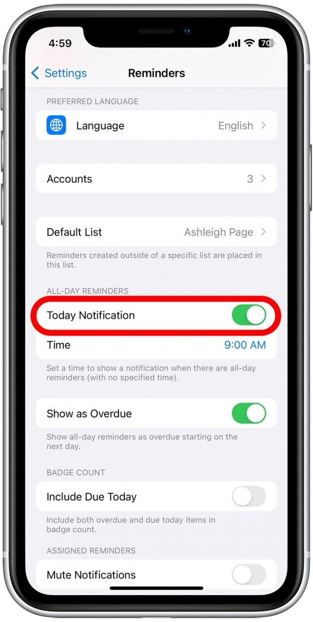 Make sure you've enabled the toggle for all-day notifications.