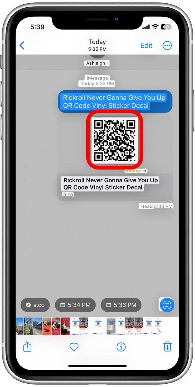 Press and hold the QR code to bring up the menu of options.