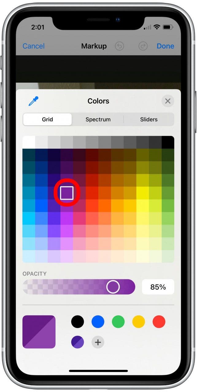 Tap to select a color and drag the slider to change the opacity.