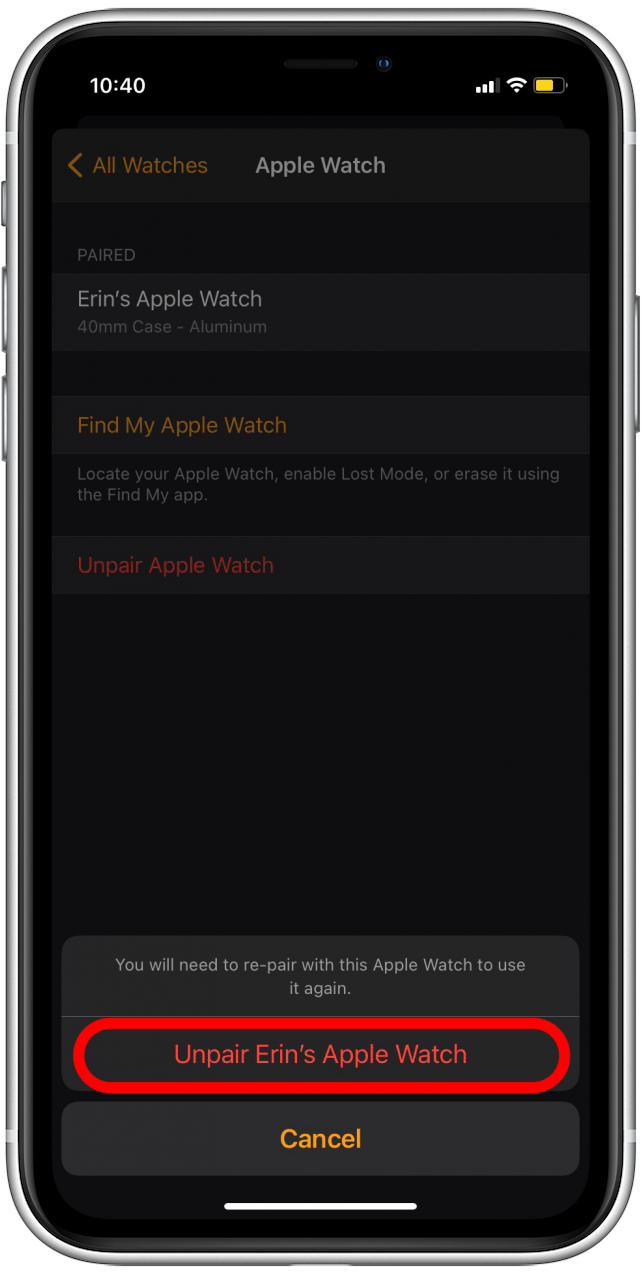 Confirm that you want to unpair your Apple Watch