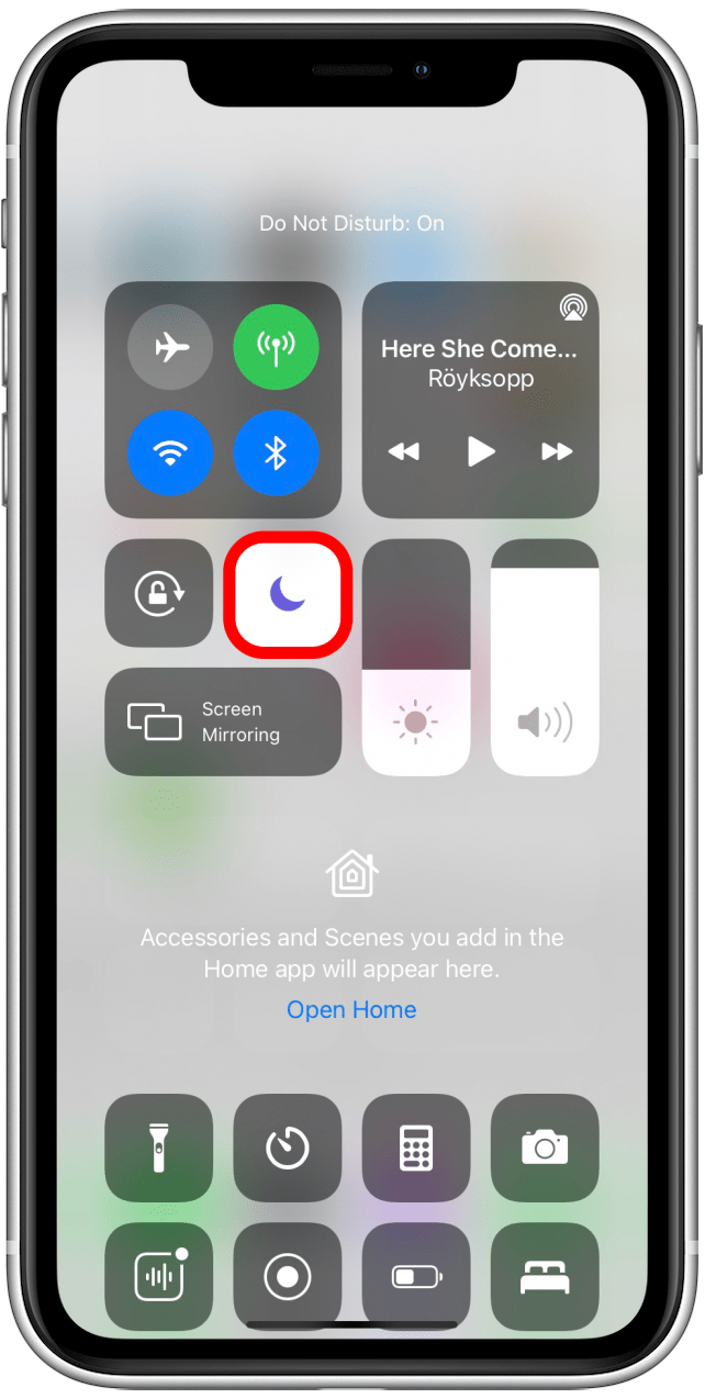 Do Not Disturb is on when the icon is white and the moon is purple