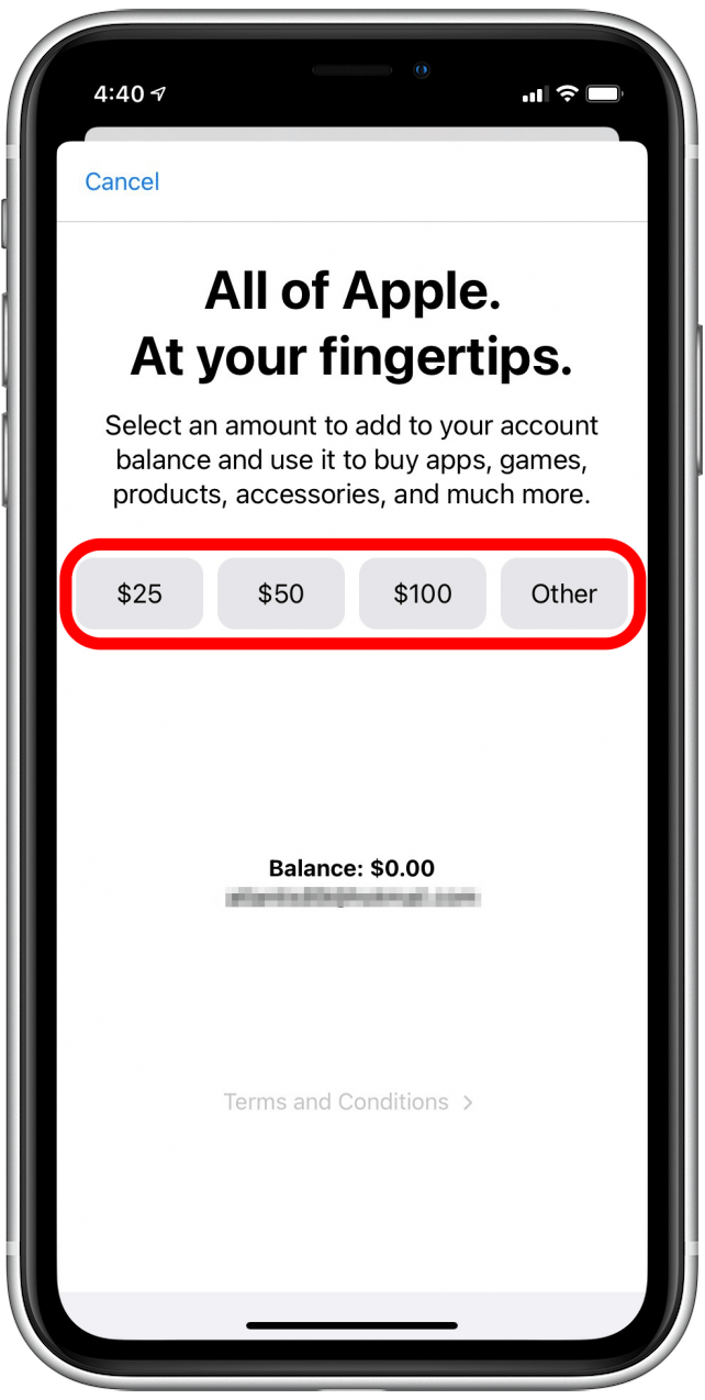 Select a suggested amount or tap the Other button