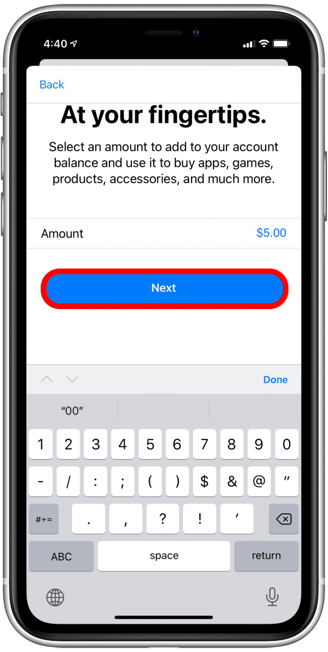 Enter an Other amount and tap Next