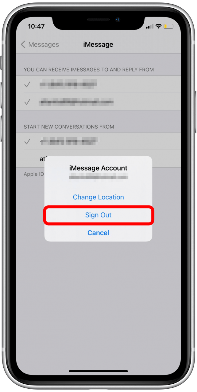 Tap Sign out to reset Apple ID and iMessage activation error