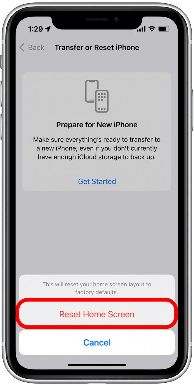 Confirm that you want to reset your home screen layout to factory settings.