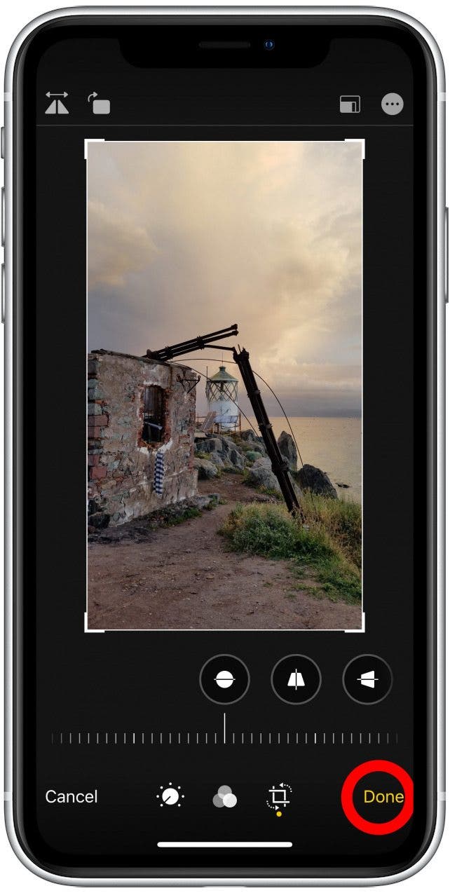 the crop-rotate screen in the Photos app with the Done option highlighted