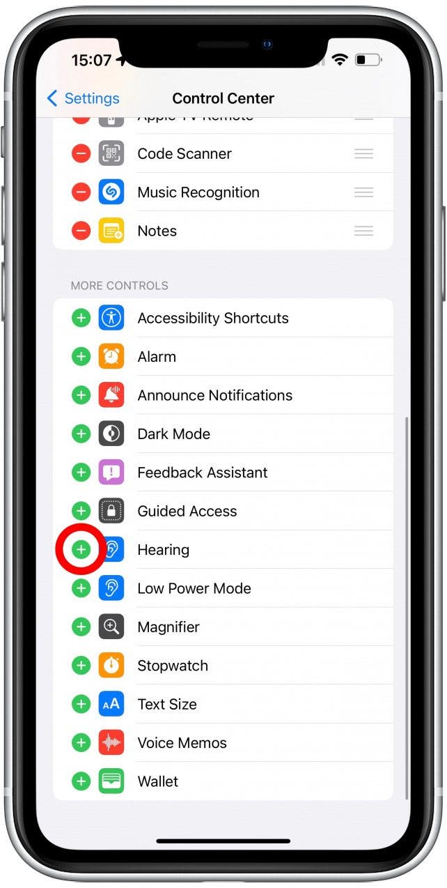 Locate Hearing and tap the + icon 