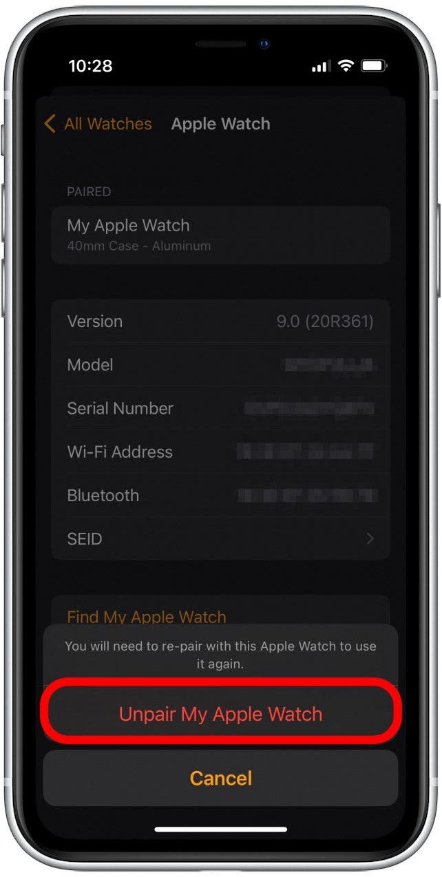Нажмите «Отключить мои Apple Watch», чтобы подтвердить, что вы хотите продолжить.
