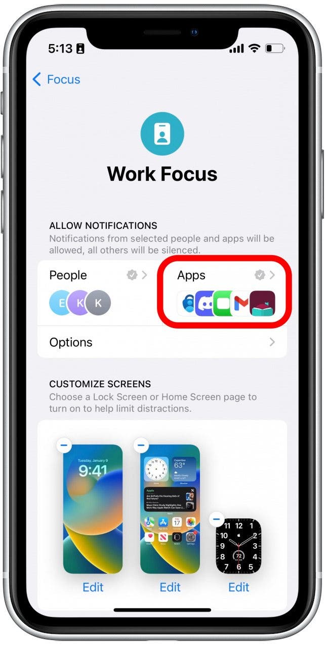 Tap Apps to set which apps can send you notifications during the Focus period.