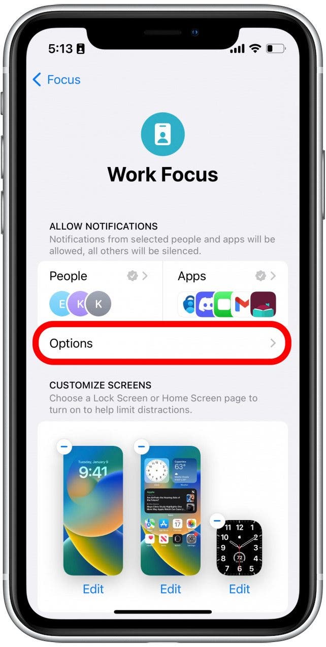 Tap Options to further customize how notifications behave when this Focus is active.