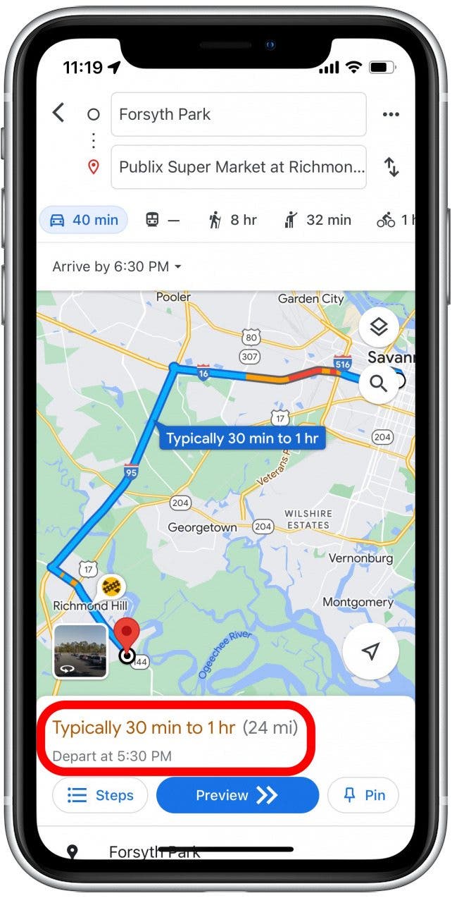 Google Maps will show you what traffic will look like for your trip and what time you need to leave in order to get there on time.