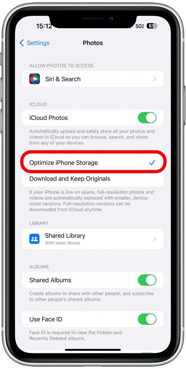 For iCloud optimization, make sure there is a blue checkmark beside Optimized iPhone Storage