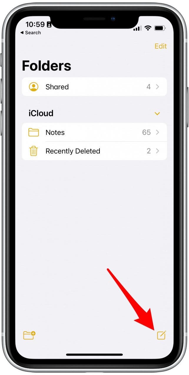 Tap the new note button in the bottom right.