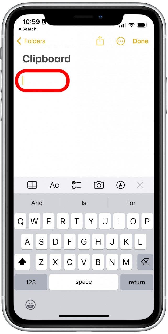 For this example, I simply named my note Clipboard, but you can choose any name you like. Tap the cursor to bring up the copy/paste menu.
