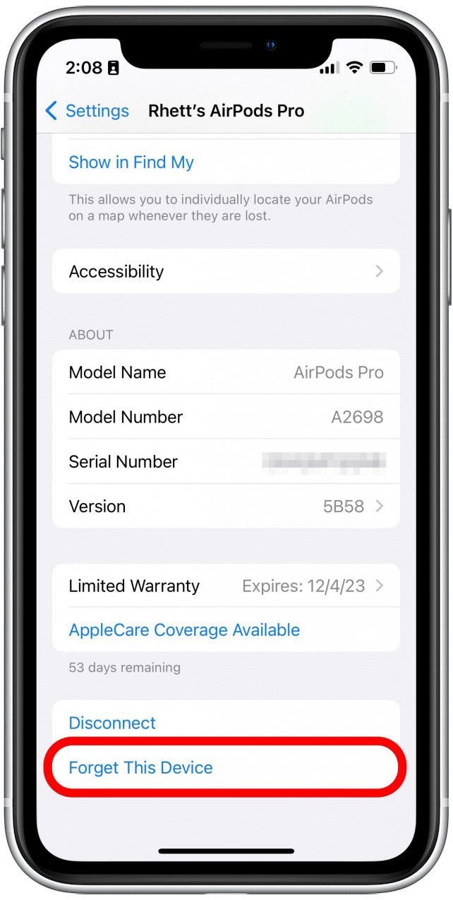 Прокрутите до конца и нажмите «Забыть это устройство».