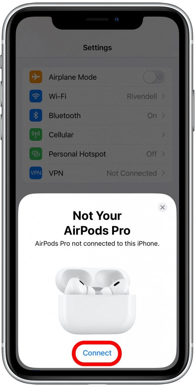 Откройте чехол AirPods, и когда на iPhone появится экран «Не ваши AirPods», нажмите «Подключиться».