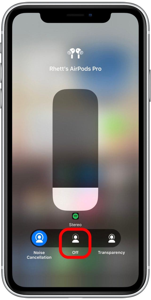 Коснитесь «Выкл.», чтобы отключить режимы «Активное шумоподавление» и «Прозрачность».