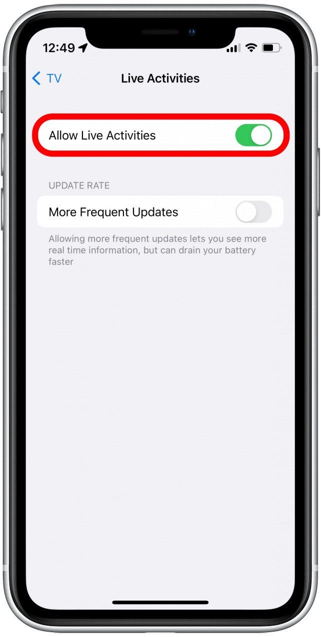 If the toggle for Allow Live Activities is not already green, tap it to turn it on.