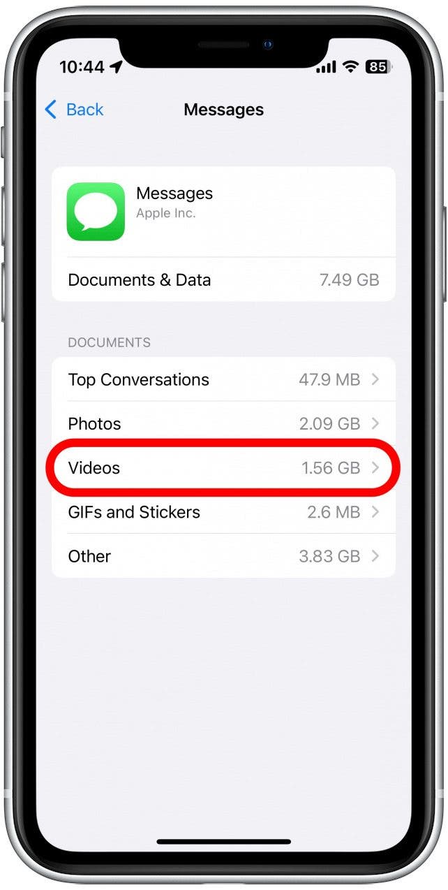 Tap Videos to review videos that have been sent over iMessage.