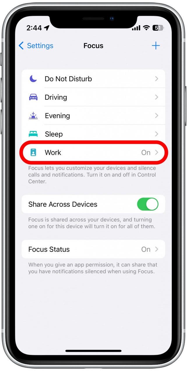 Tap a Focus, such as Work, to set specific notification settings for the category.