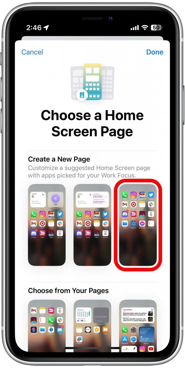 Choose which Home Screen pages will show in this Focus.
