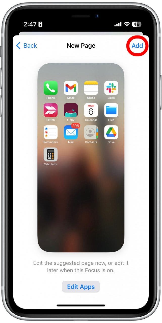 Tap Add to add this Home Screen to your Focus.