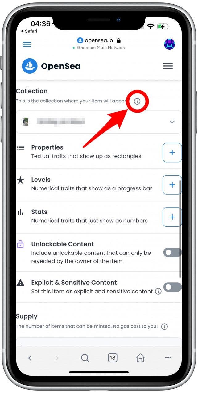 tapping on the i icon.