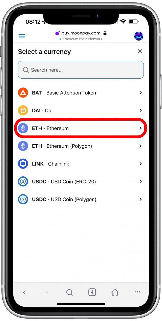 I selected ETH - Ethereum.