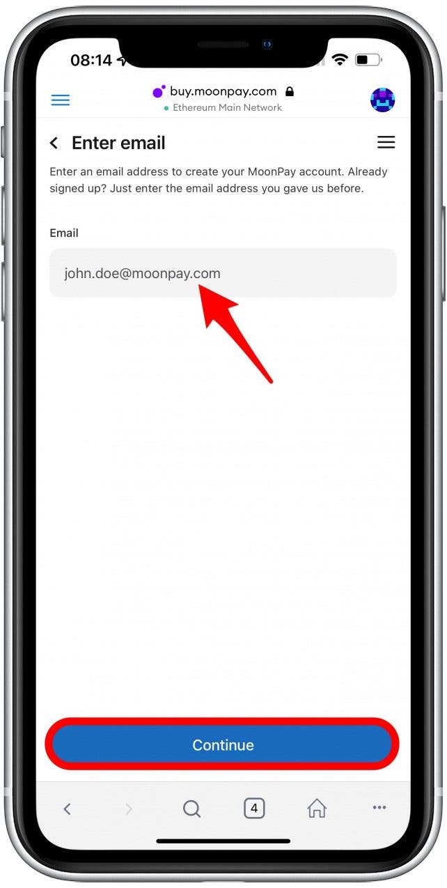 Enter your email address. Tap Continue.