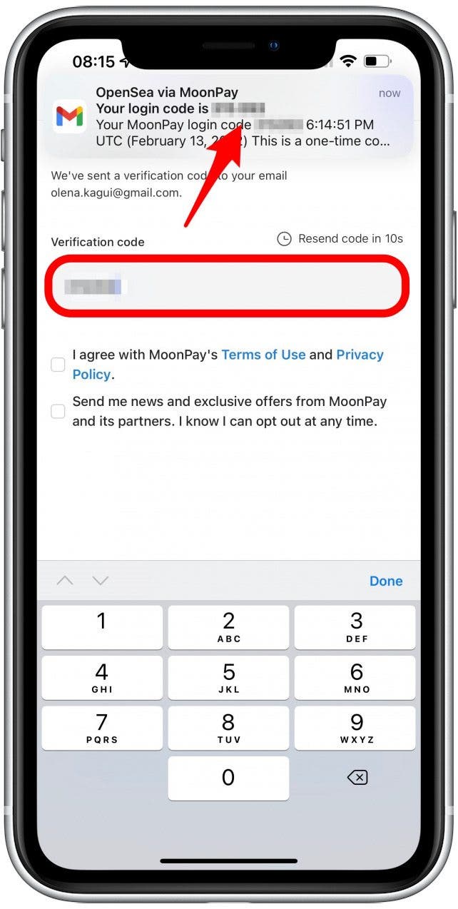 You will be emailed a verification code; enter it.