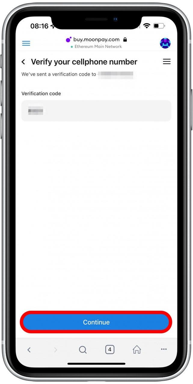 Enter it and tap Continue.