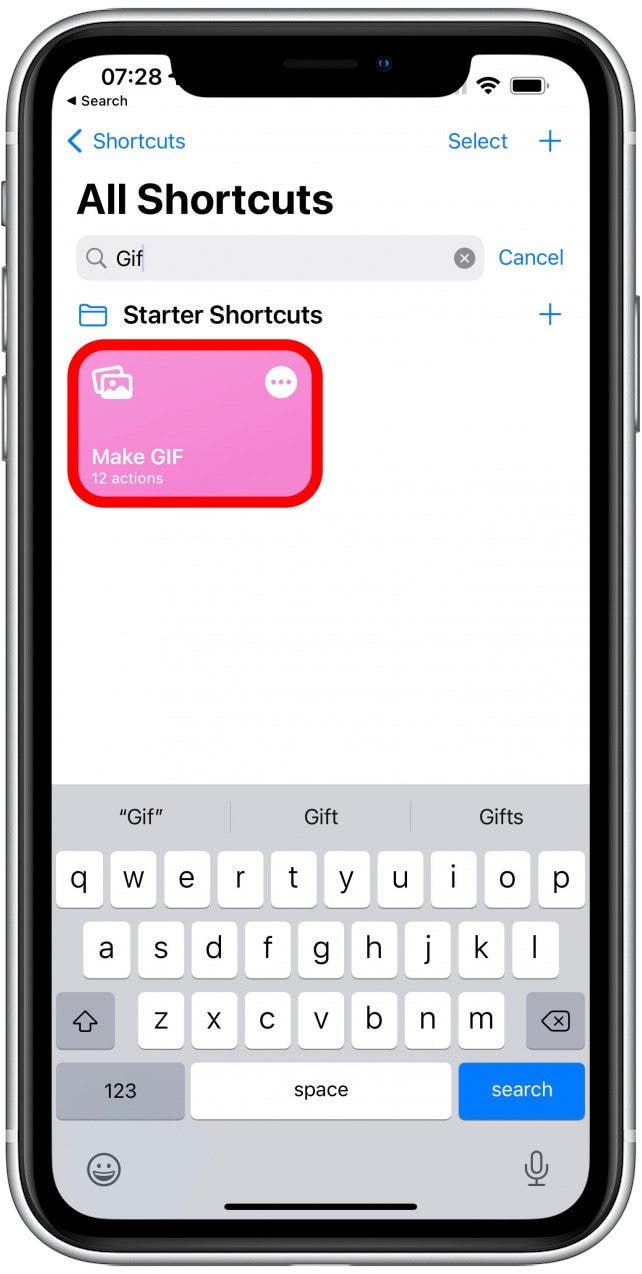 Open Shortcuts app and search for gif.